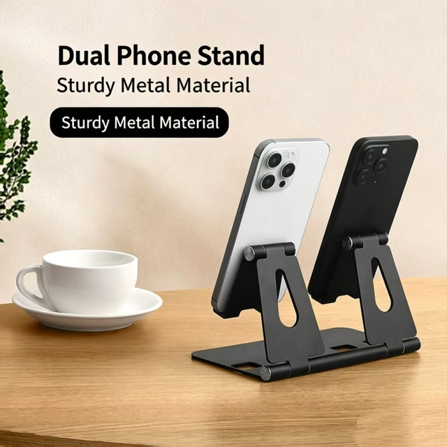 Stable Dual Phone Stand Foldable Aluminum Alloy Desktop Holder for Two Smartphones