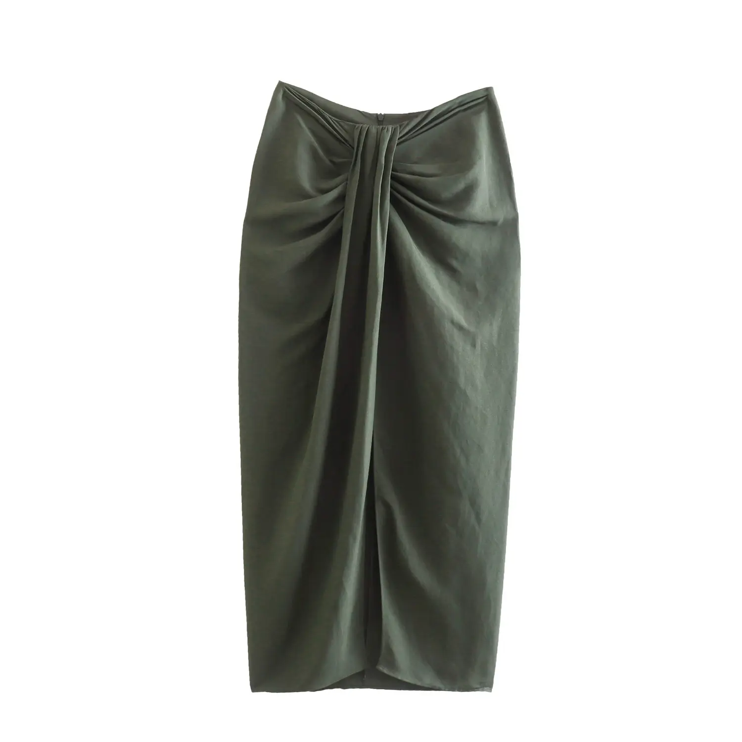 Front pleated and slit green color casual fashion long skirts for women