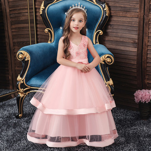 Robe de princesse pour enfants, robe de bal en tulle rose à col en v, robe de demoiselle d'honneur pour filles - Product Image 1