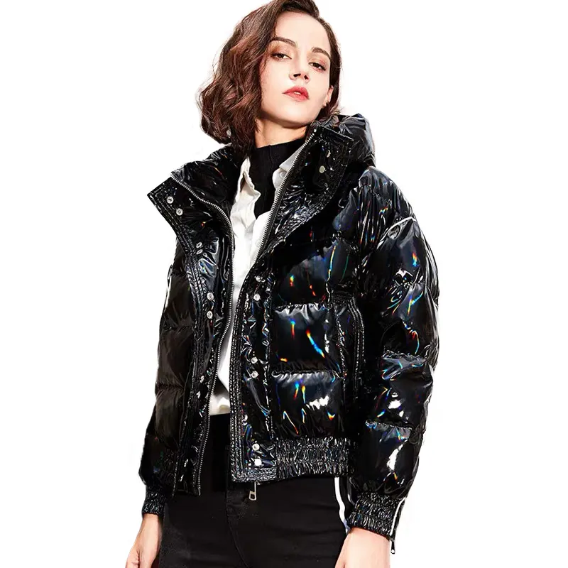 Moda kış süper serin siyah yüksek parlaklık vinil malzeme balon ceket kadın rüzgarlık bombacı uzun kaban