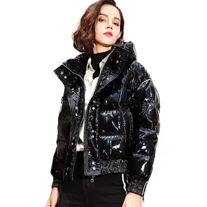 Модная зимняя супер крутая черная блестящая куртка-пуховик из винилового материала, Женская ветровка, пуховик-бомбер