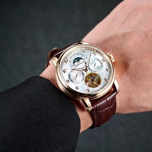 Montre automatique homme REEF TIGER RGA1965 Artist Master III Fashion, phase de lune, or rose, luminescente, bracelet en cuir marron, classique - Product Image 6