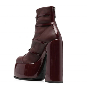 Wine Red Super High Platform Women <b>Block</b> Heels Shoes Belt Buckles Woman Short Ankle Boots Round Toe Thick Sole Booties - Product Image 4