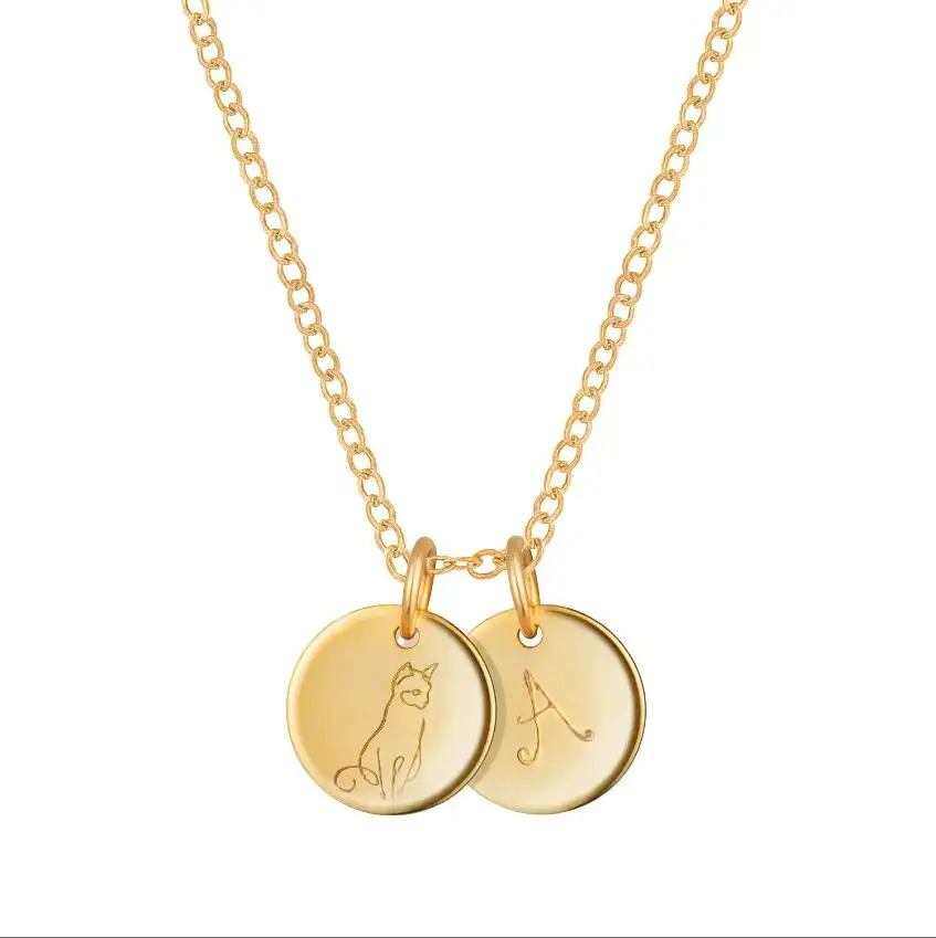 Inspire jewelry stainless steel engraved personalized statement fashion gold coin shaped necklace dog cat animal pendant women