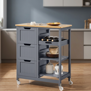 Rich Forever Rolling <b>Bar</b> Cart Solid Wood Panel Top 3 Drawers 3 Removable Shelves Modern -Serving <b>Utility</b> Cart Dining Kitchen - Product Image 4