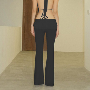 Pantalon évasé pour femme en satin, taille haute élastique à volants, décontracté, long, tendance, style européen et américain - Product Image 3