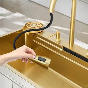 Évier de cuisine sous plan en acier inoxydable 304 épaissi à cuve unique avec sortie cascade dorée - Product Image 3