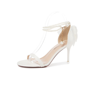 Sandales à talons ouverts, talon aiguille, décoration nœud perlé, chaussures de mariage en satin, talon haut 3-5 cm, tendance mode - Product Image 5