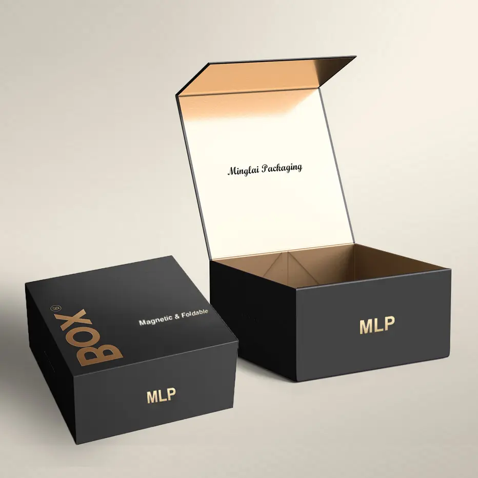 Customize Logo Printed Black Paper Flat Pack Rigid Cardboard Clothing Cosmetic Shoe Foldable Packaging Magnetic Folding Gift Box
