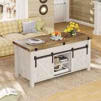 Table basse de style ferme moderne avec porte de grange, en bois bicolore et étagères de rangement dissimulées, grande capacité, pour salon
