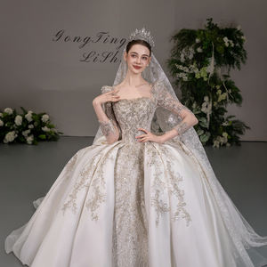 GT166 Strapless Sweetheart Neckline Ball Gown Wedding Dress Long Sleeves <b>Sequined</b> Embroidery Chapel Train Modern Customizable - Product Image 3