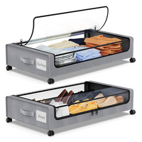 Base de lit moderne carrée en métal et tissu avec rangement pour vêtements, chaussures, literie, livres, avec roulettes pour un déplacement facile