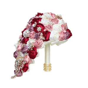 Hoge Kwaliteit Aanpassen Kleur Waterval Waterval Gouden Diamant Lint Rose Multi -Color Bruidsboeket Bruiloft Bloemen