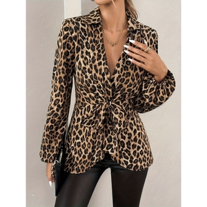 Blus lengan panjang wanita, Atasan kemeja lengan panjang leher V bertali motif macan tutul - Product Image 2