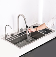 Évier de cuisine en acier inoxydable à cuve unique avec robinet, évier de cuisine multifonctionnel avec panier de vidange, style à un trou