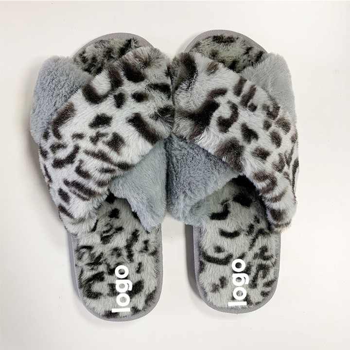 Wholesale Leopard Print Plush Cross Strap Slippers Skin-friendly