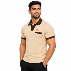 <b>Men's</b> Beige Cotton <b>Polo</b> Shirt Short Sleeve Solid Color Casual Knitted Breathable Front Logo Pocket Design <b>Polo</b> Shirt for <b>men</b> - Product Image 1