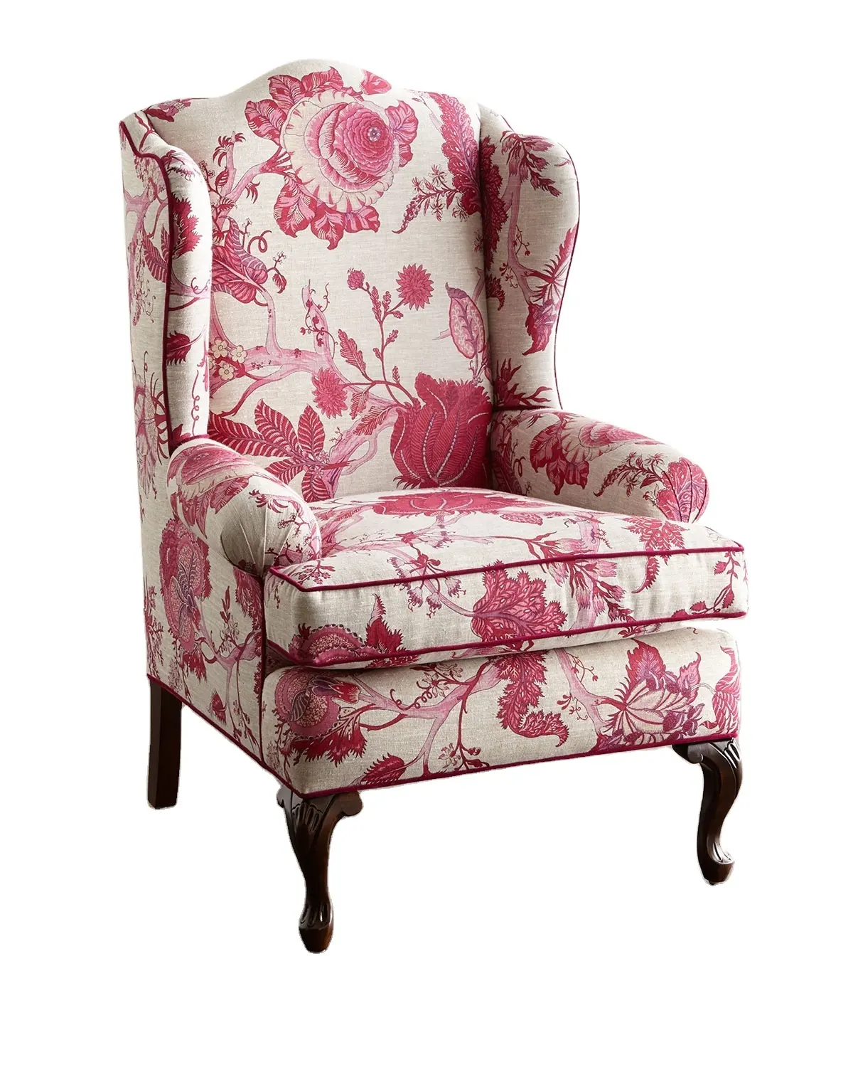 Estilo americano neo-clássico assento único sotaque sofá cadeira vermelha bonita impressão tecido alta volta lazer cadeira