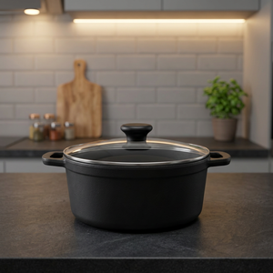 Cocotte en fonte avec couvercle en verre, résistante au four et au lave-vaisselle, durable, antiadhésive, compatible gaz et induction, poignée en acier inoxydable - Product Image 3