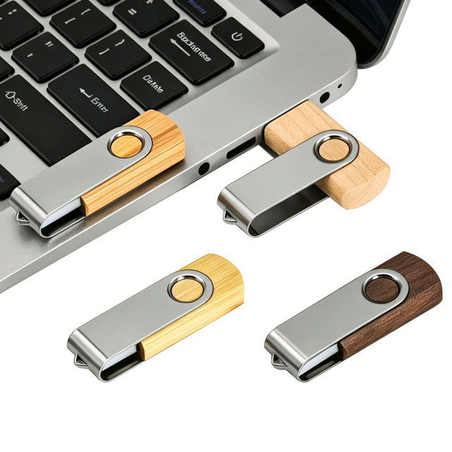 Rotating Clip Wooden Design USB Flash Drive Laser-Engraved Logo Large Capacity 32GB/16GB/8GB High-Speed USB 2.0 Promotional Gift
