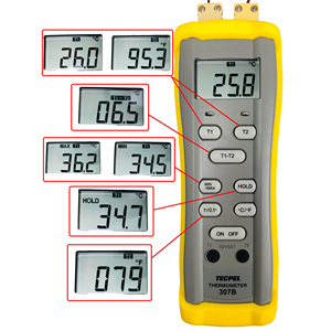 Thermomètre numérique à double canal TECPEL DTM-307B - Plage de mesure de -50 à 1 300 °C - Précision de 0,5 % - Résolution de 0,1 °C/1 °C - Affichage 400 ms - Product Image 3