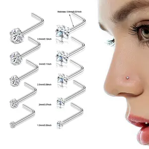 Grosir persegi & bulat CZ hidung cincin untuk wanita pria perhiasan tindik L bentuk Bar Stainless steel hidung Pin lubang hidung