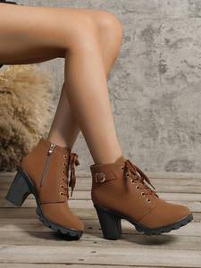 <span class=keywords><strong>Bottines</strong></span> à talon épais personnalisées pour femmes, <span class=keywords><strong>bottines</strong></span> en cuir PU à lacets avec fermeture éclair latérale et boucle, vente en gros OEM, bout rond - Product Image 2