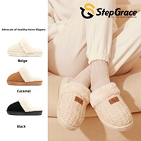 Pantoufles en peluche tricotées StepGrace, avec empeigne tissée classique, chaussures d'intérieur chaudes pour femme, décoration de marque, semelle durable