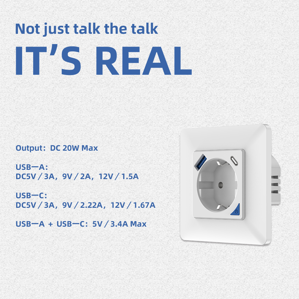 RSH WIFI Wireless Smart Electric 16A Outlet Socket Tuya 20W with USB Type C Wifi smart EU inwall wall socket plug