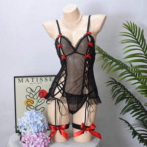 Seksi günaha renk zıt kayış yay bölünmüş kravat bel zayıflama elbise kadınlar için seks pijama 3-Piece Set - Product Image 5