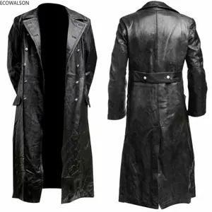 jaqueta de couro pu para homens vintage longo trench coat