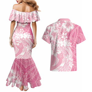 Robe sirène assortie pour couples roses et chemise hawaïenne Ensemble de couple tropical <span class=keywords><strong>polynésien</strong></span> Vêtements de fête pour femmes et hommes - Product Image 2