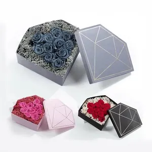Nuevo diseño de lujo caja de embalaje cuadrado en forma de diamante Rosa flor Cajas de Regalo con tapa de papel