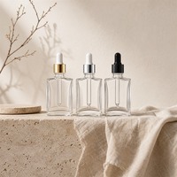 Flacon compte-gouttes carré en verre vide, flacon transparent pour sérum, bouchon doré, argenté ou noir, emballage cosmétique en gros