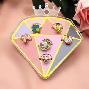6 pièces/ensemble enfants <span class=keywords><strong>licorne</strong></span> strass fruits anneaux pour filles réglable enfants bague boîte bijoux cadeau - Product Image 5