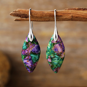 Bohemian Stone Color-<b>Blocked</b> Leaf Pendant Earrings Women's Fashion Dangle Jewelry Gift Zinc Alloy Geometric <b>Shape</b> Plant Pattern - Product Image 2
