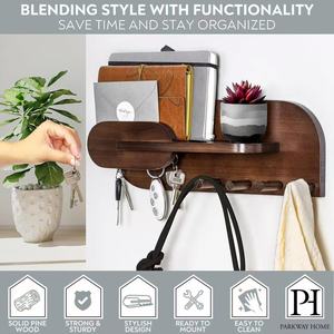 Wooden Entryway Wall Mounted Key Rack Multifunctional Living Room Organizer With <b>Shelf</b> And <b>Hooks</b> - Product Image 3