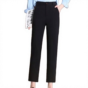 <b>Women's</b> High Waist Straight Leg Ankle-Length Pants Solid Color Crepe Fabric Breathable Anti-Wrinkle Casual Style Pockets - Product Image 2