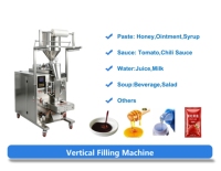 Machine de remplissage verticale compacte pour sauces et pâtes, idéale pour la pâte de tomate, le beurre de cacahuète, le miel, les vinaigrettes, pour les lignes de scellage de sachets et de pochettes.