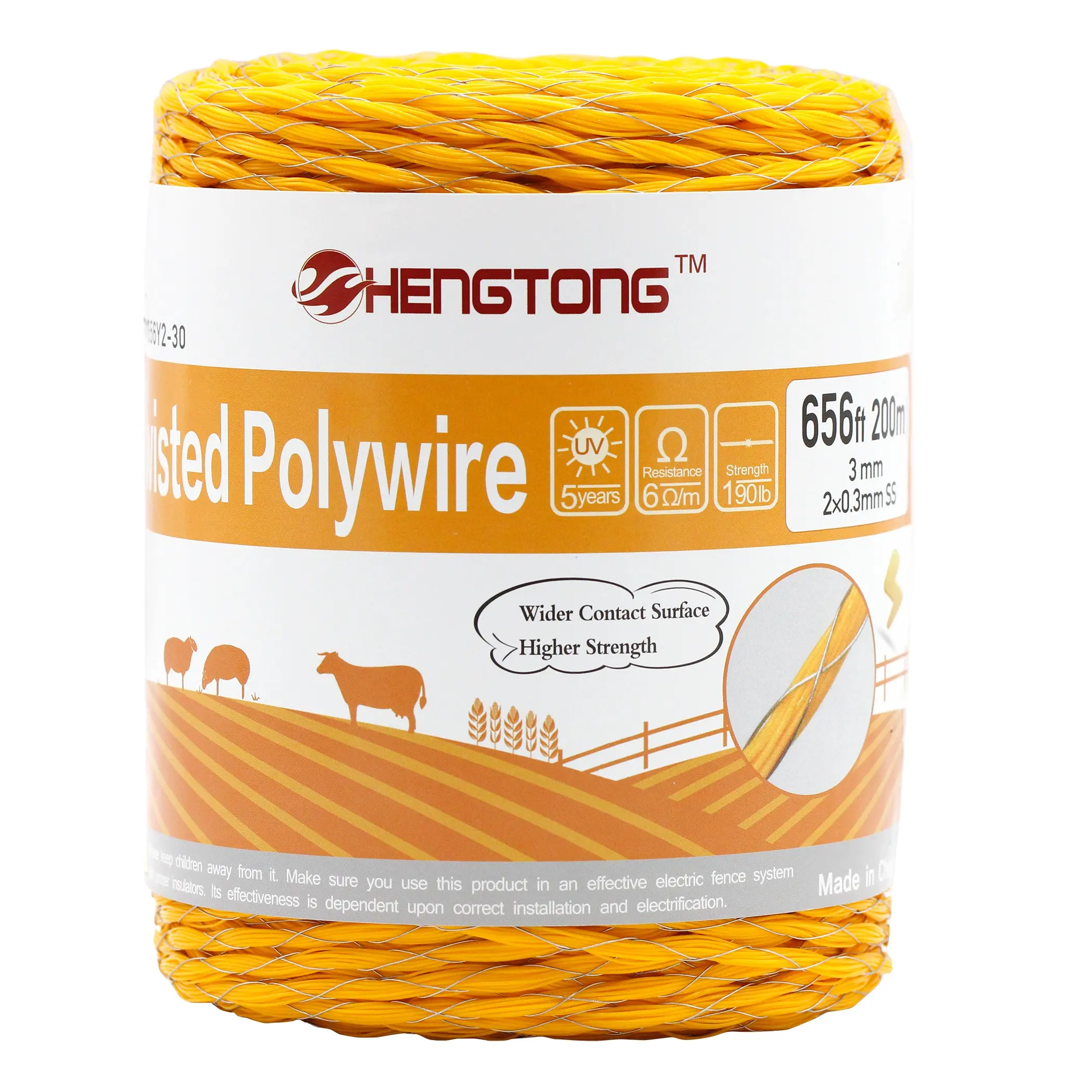 HENGTONG Electric Fence Twisted Poly Wire 656ft 200m, 2 x 0.3mm Stainless Steel Conductors