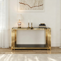 Table de canapé de luxe en métal doré avec double étagère en verre transparent, élégante table console d'appoint pour couloir