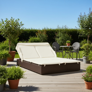 Brown Pe Rattan Patio <b>Sunbed</b> With Adjustable Armrests And <b>Cushion</b> For Outdoor Use - Product Image 2