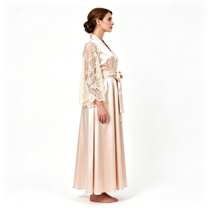 Robe longue en satin pour femme avec manches en dentelle, élégante robe de nuit <span class=keywords><strong>kimono</strong></span> à col en V, cadeau pour mariée et demoiselle d'honneur, robe douce couleur champagne - Product Image 2