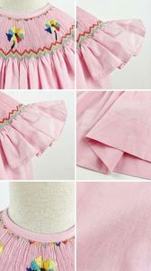 Vestido Clásico Estilo Vintage Color Rosa Pastel con Bordado a Mano para Niñas Pequeñas, Vestidos Tipo Bishop con Mangas con Volantes, Perfecto para Pascua - Product Image 4