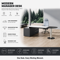Bureau de direction de luxe ATWOKA en forme de L avec extension de réunion en verre rond et crédence de rangement verrouillable