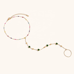 डिंगरन 18k सोने की प्लेटेड स्टेनलेस स्टील के सामान रंगीन बीड ग्रीन हार्ट जिरकॉन फिंगर चेन - Product Image 1