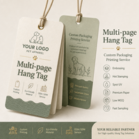 Étiquettes suspendues personnalisées multi-pages en papier écologique pour vêtements pour animaux de compagnie, avec marquage à chaud et gaufrage, faible MOQ, OEM ODM