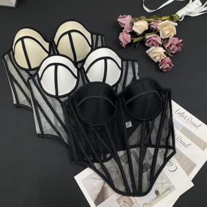 Women Sexy Thin Breathable Color-block Mesh Boned <b>Bustier</b> <b>Corset</b> Crop Top Contrast Binding Spaghetti Strap Versatile Layering - Product Image 2
