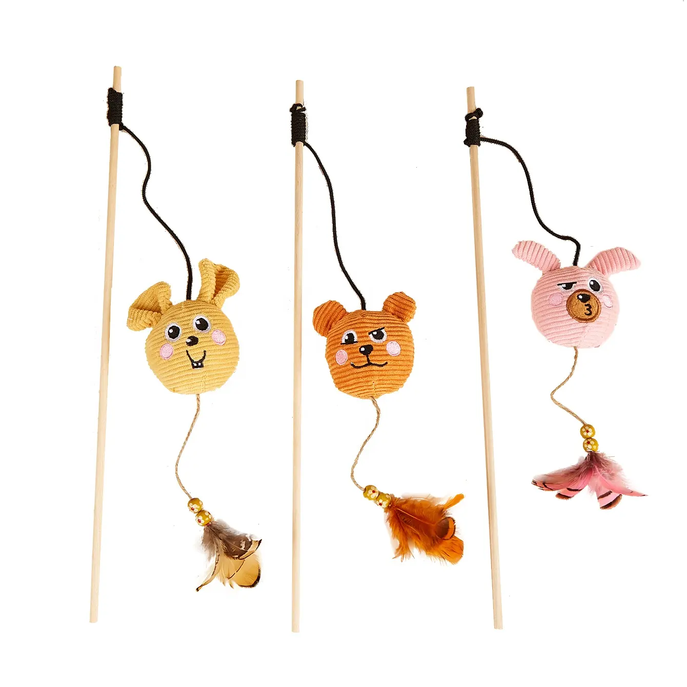 Funny Animal Shape Kitten Cat Toy Nylon Rope Feather Teaser Bead Play Pet Interactive Customized Wand Teasing Cat Sticks Toys