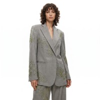 Ensemble de costumes pour femmes gris chiné, élégant, avec perles de cristal vert chartreuse, blazer oversize, deux pièces, sur mesure OEM/ODM